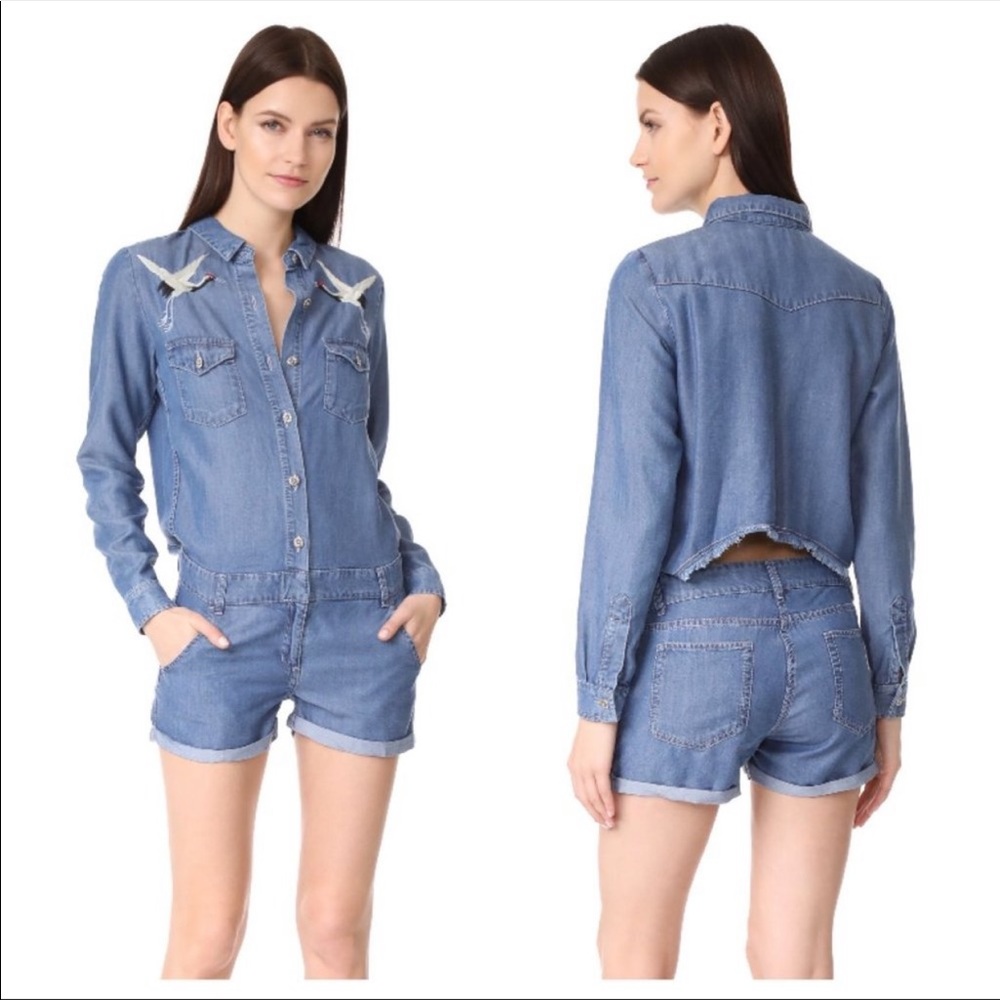 THE KOOPLES Embroidered Cranes Chambray Denim Romper NEW